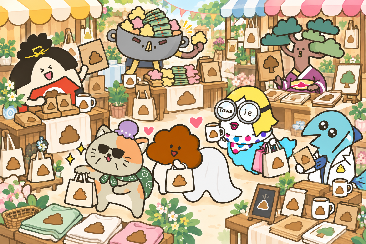 運クエショップに商品と仲間が集まるイラスト
